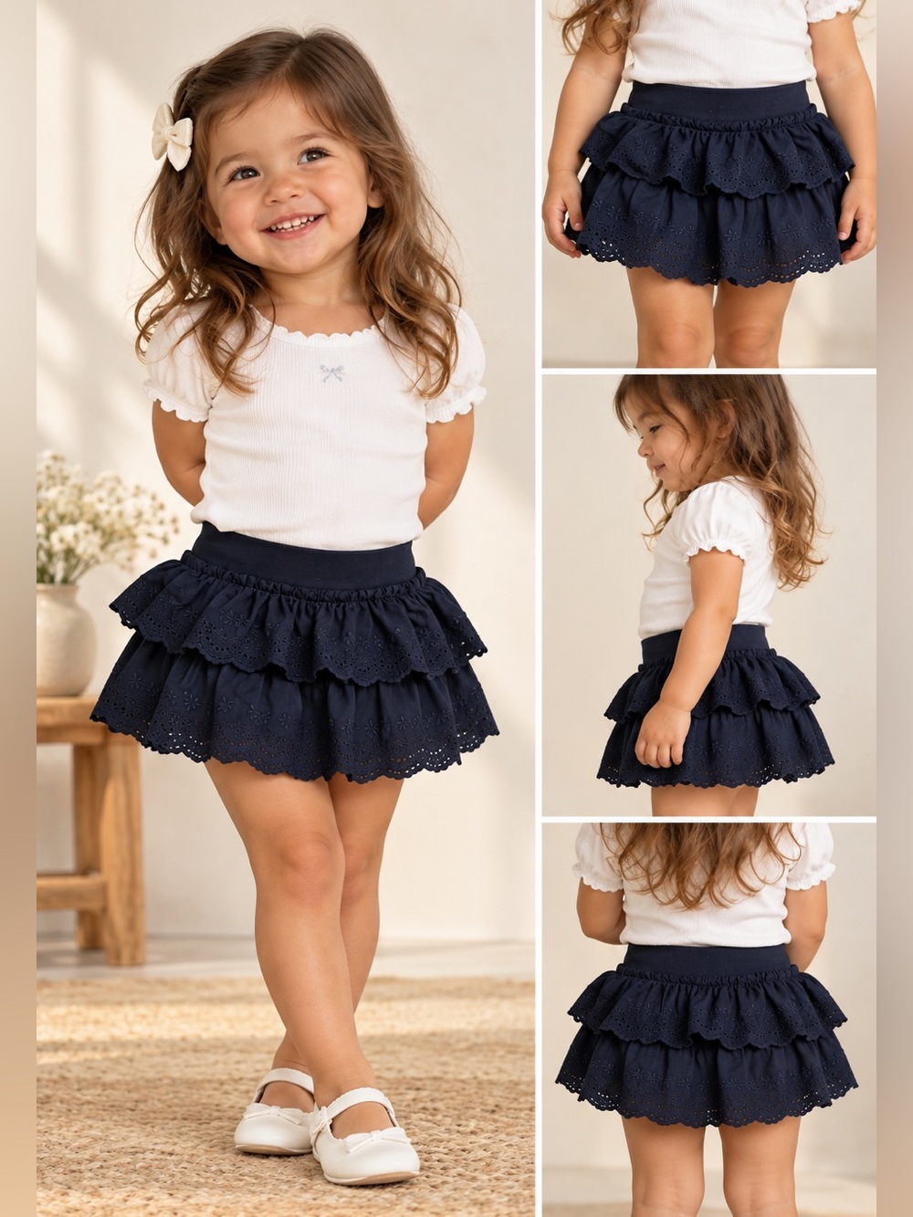 NWT Ralph Lauren baby girls eyelet ruffle skort in classic navy blue.